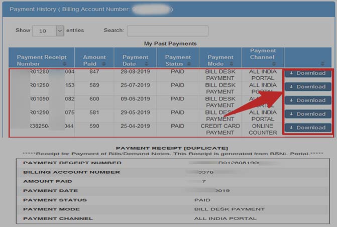 Download or Print BSNL Bill Paid Receipt in Online