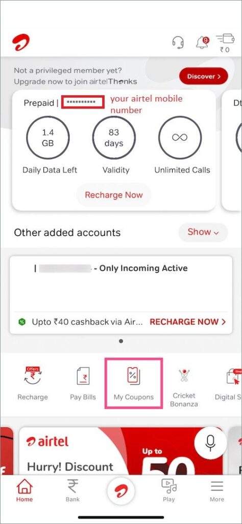 check number in airtel thanks app