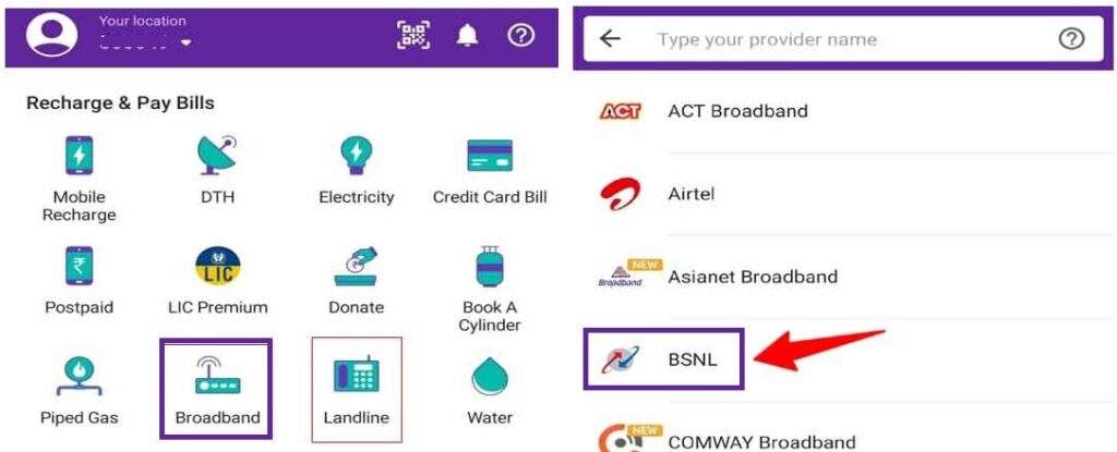 Paying BSNL Broadband Bill using Phonepe app