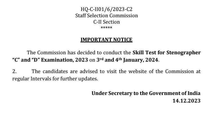 Important⁣ Updates ​on SSC Steno Exam Date 2023